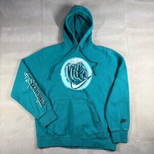 Vintage Nike Spellout Hoodie‎ Teal Pullover Sweatshirt Center Swoosh Mens M